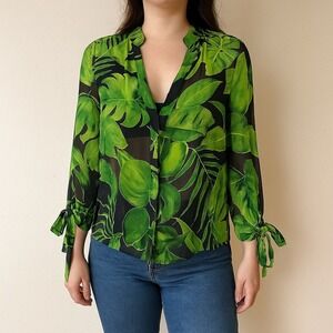 Alice + Olivia Sheila Blouson Sleeve Henley Top Womens XS Green‎ Leaf Print Silk